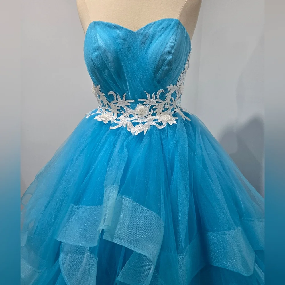 Mila Hoffman Custom Couture Ball Gown, Blue Topaz, White Floral Emroidered Waist - Picture 8 of 17